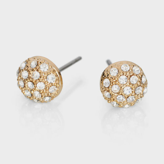 Small round dome stud earrings in gold and rose gold, covered all over with tiny sparkling crystals