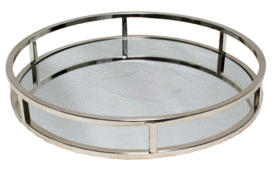 Round silver mirror tray by Jonglea, 40cm across, with a shiny reflective surface