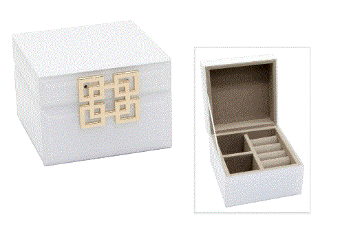 Small white glass trinket box with link detail, 11cm, from Jonglea, shown as a jewellery box