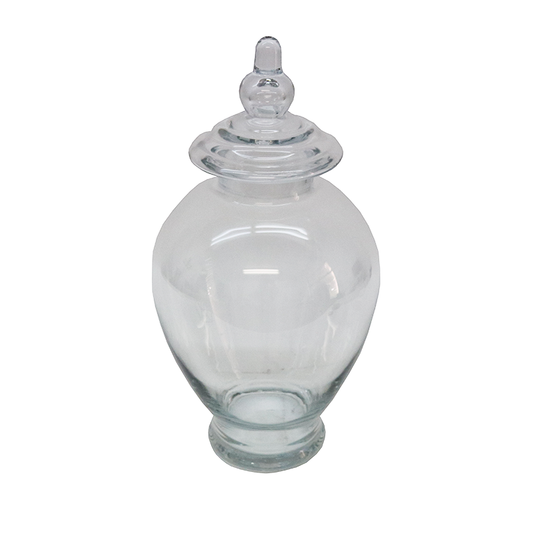 Tall clear glass lidded jar with a fitted lid, shown as a stylish piece of home decor
