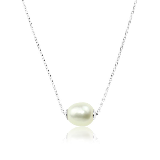 Delicate silver chain necklace with a small freshwater pearl pendant at the centre