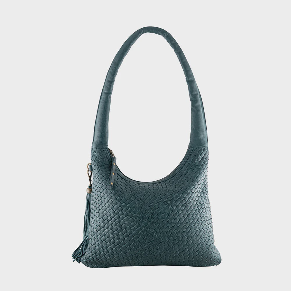 Petrol hand-woven leather tote bag with two short thick handles and a matching tassel
