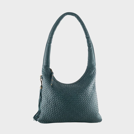 Petrol hand-woven leather tote bag with two short thick handles and a matching tassel