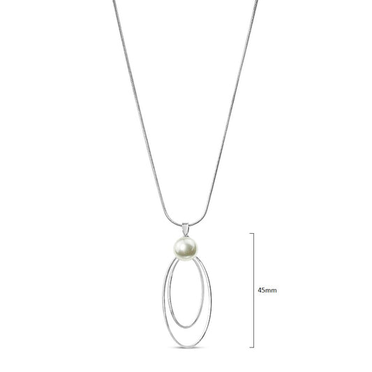 Rhodium snake chain necklace with a pendant of open graduated oval drops set with cream glass cabochon pearls