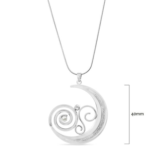 Silver swirl pendant necklace with pearl, crystal and glitter detail on a fine 18 inch rhodium snake chain