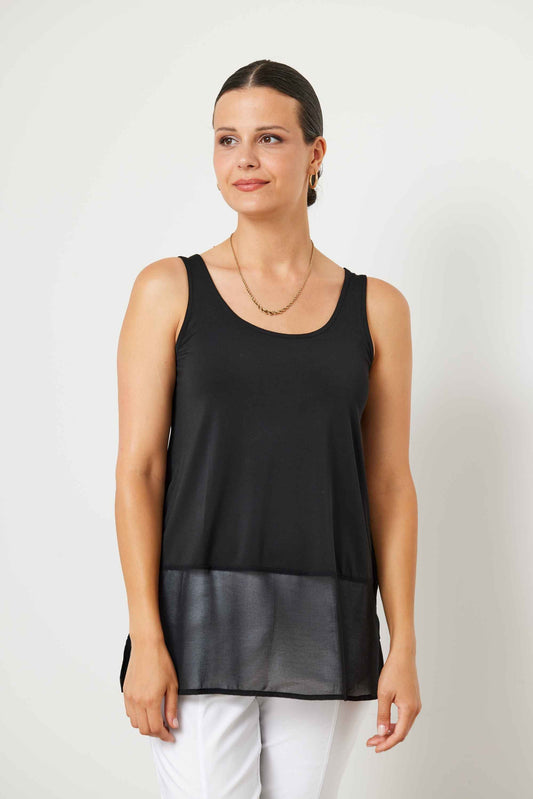 Long singlet top with a floaty chiffon hem, shown in black, from the Newport label