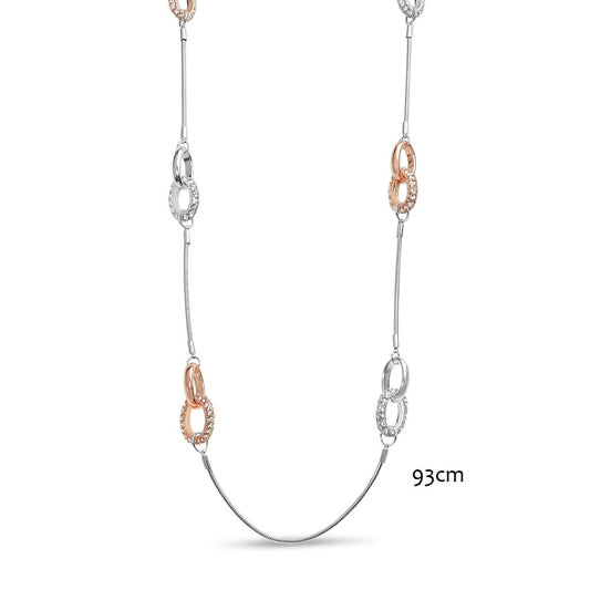 Two tone silver and rose gold necklace with open oval links interlocked in stations along a long snake chain, with crystal detail