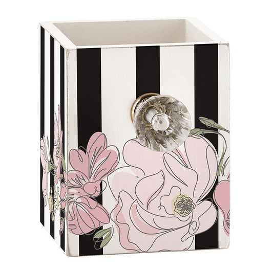 Black and white floral wooden open-top box with a sparkling crystal knob on the front face
