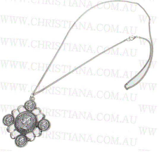 Long coin necklace by Jonglea in silver and rose gold with round coin pendants hanging on a fine chain