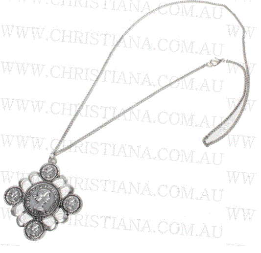 Long coin necklace by Jonglea in silver and rose gold with round coin pendants hanging on a fine chain