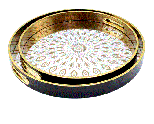 Large round black tray with a gold rim and a gold-and-white feather pattern inside