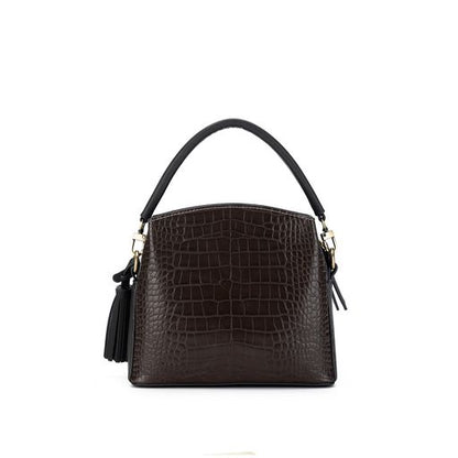 Croc-look vegan crossbody bag in coffee with brushed gold hardware, zip closure and a long adjustable strap