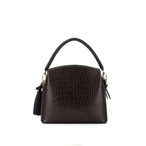 Croc-look vegan crossbody bag in coffee with brushed gold hardware, zip closure and a long adjustable strap