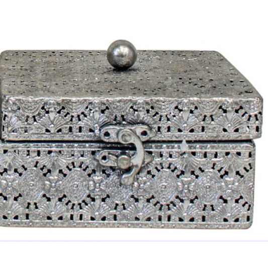 Small antique pewter-look metal box with ornate pierced filigree pattern and a hook clasp
