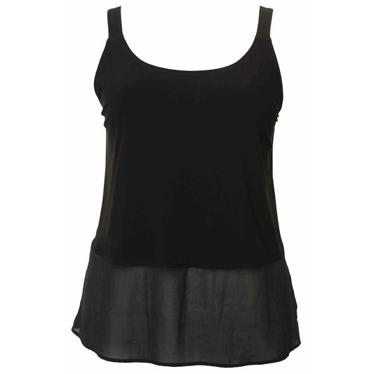 Short layering singlet with a sheer chiffon bottom edge, shown in a plain solid colour with narrow shoulder straps