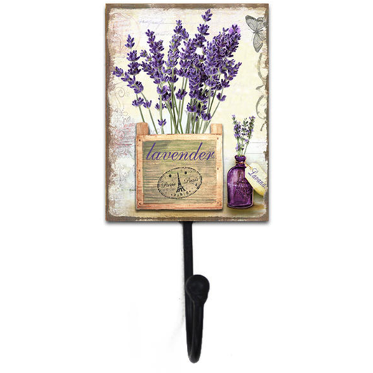 Decorative wall plaque with a printed lavender sprigs picture and a single metal hook