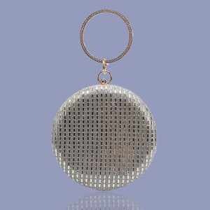 Round rose gold and clear silver mesh evening bag with a large crystal-encrusted handle and a detachable metallic shoulder strap