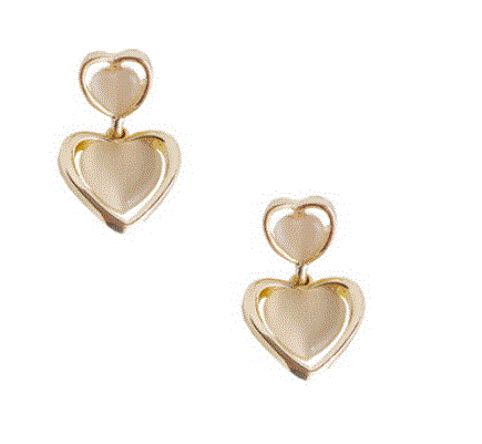 Pair of gold heart drop earrings, each with a small heart shape hanging from the ear fitting