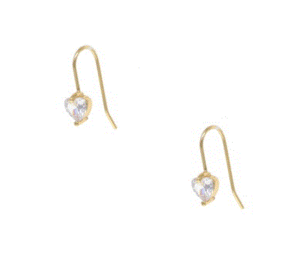 Pair of gold crystal heart drop earrings with sparkling heart-shaped crystals hanging from the ear fittings