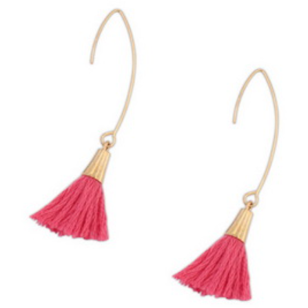 Pair of tassel drop earrings in pink, blue and green hanging from thin, longer wires