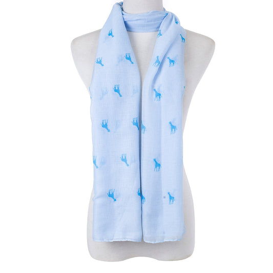 Pale blue and pale pink giraffe print scarves in a soft cotton viscose blend, shown side by side