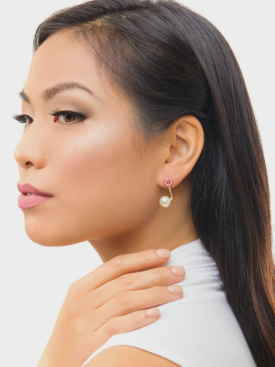 Pair of pearl ear jackets in black, green, pink and blue pearls, shown as a colourful set of earrings