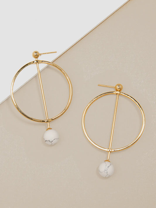 Shiny gold metal hoop earring with a straight barbell bar crossing through the centre of the hoop, on a post back